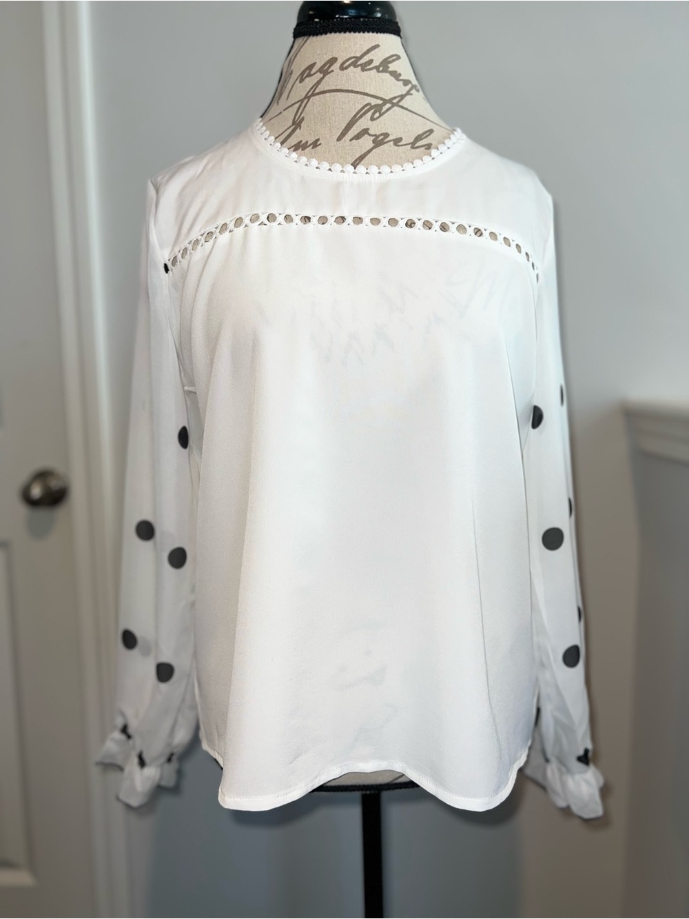 White Long-Sleeve Blouse with Black Polka-Dot Sleeves
